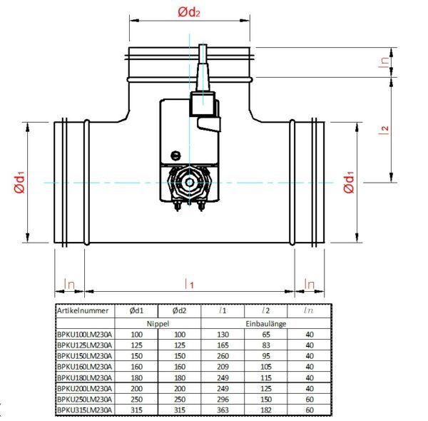 Bypassklappe mit elektro Stellantrieb Belimo LM230A für 230V 100-315
