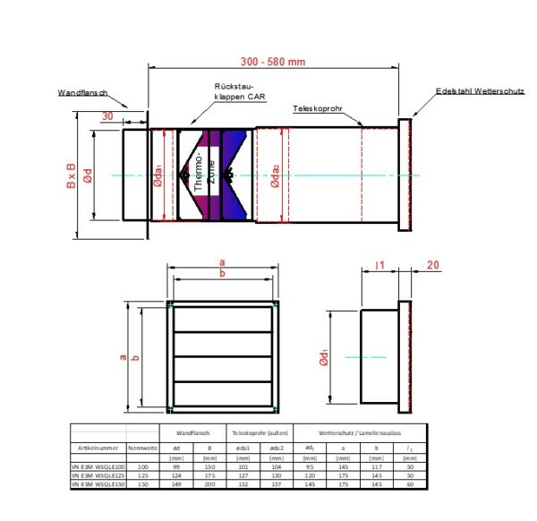 Energiesparmauerkasten Blower Door dicht mit Zertifikat mit Edelstahl Lamellen Außengitter Ø125; Ø150