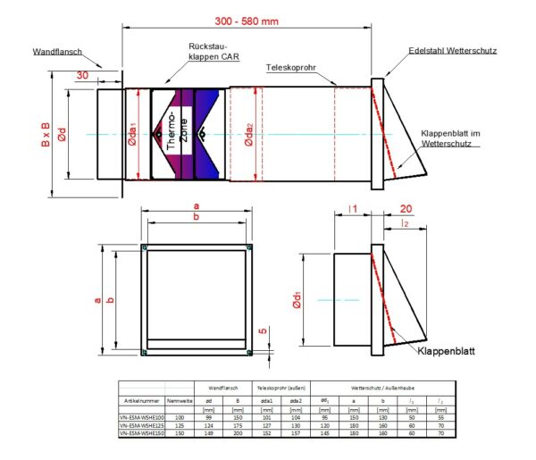 Energiesparmauerkasten Blower Door dicht mit Zertifikat mit Edelstahl Lamellen Außengitter Ø125; Ø150