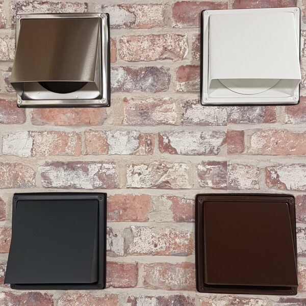 Wetterschutzgitter aus Edelstahl mit Haube und Klappenblatt in der Haube