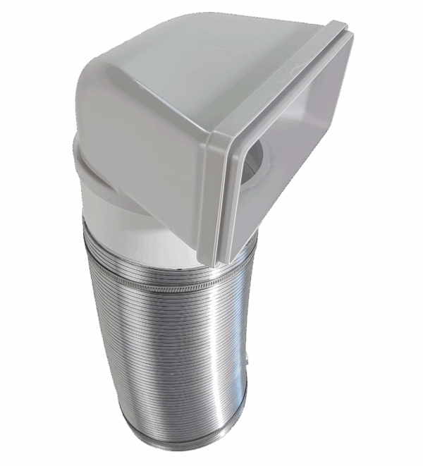 2 Grad Mauerkasten Ø 150 Set Edelstahl Dunstabzug Rückstauklappe S6-K-MKWSELFiD, runter zur Haube mit Aluflex