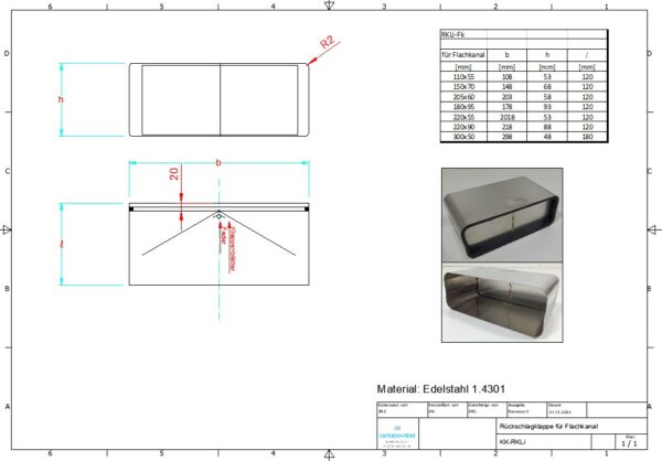 Rückschlagklappe aus Edelstahl für Flachkanal 220x90
