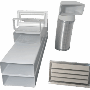 Flachkanal Set 220x90 mit Edelstahl Wetterschutzgitter S6-K-WSGEi220x90, runter zur Haube mit Aluflex