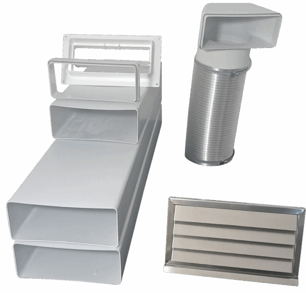 Flachkanal Set 220x90 mit Edelstahl Wetterschutzgitter S6-K-WSGEi220x90, runter zur Haube mit Aluflex