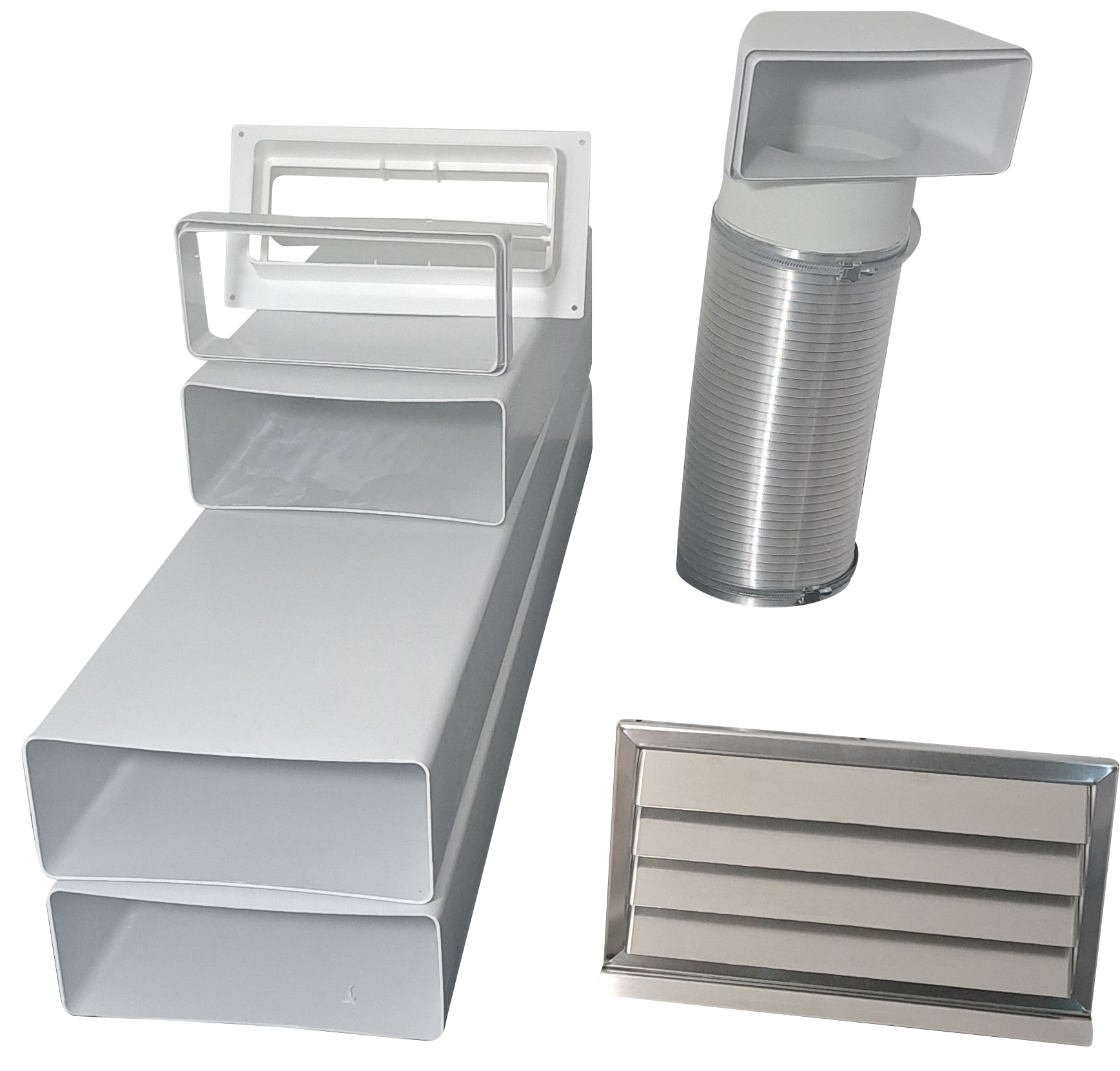 Flachkanal Set 220x90 mit Edelstahl Wetterschutzgitter S6-K-WSGEi220x90, runter zur Haube mit Aluflex
