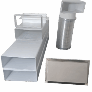 Flachkanal Set 220x90 mit Edelstahl Wetterschutzgitter S6-K-WSGEHi, runter zur Haube mit Aluflex