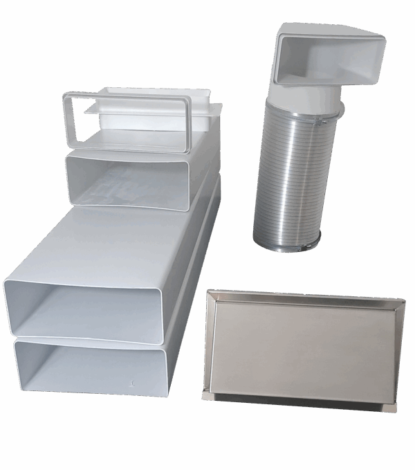 Flachkanal Set 220x90 mit Edelstahl Wetterschutzgitter S6-K-WSGEHi, runter zur Haube mit Aluflex
