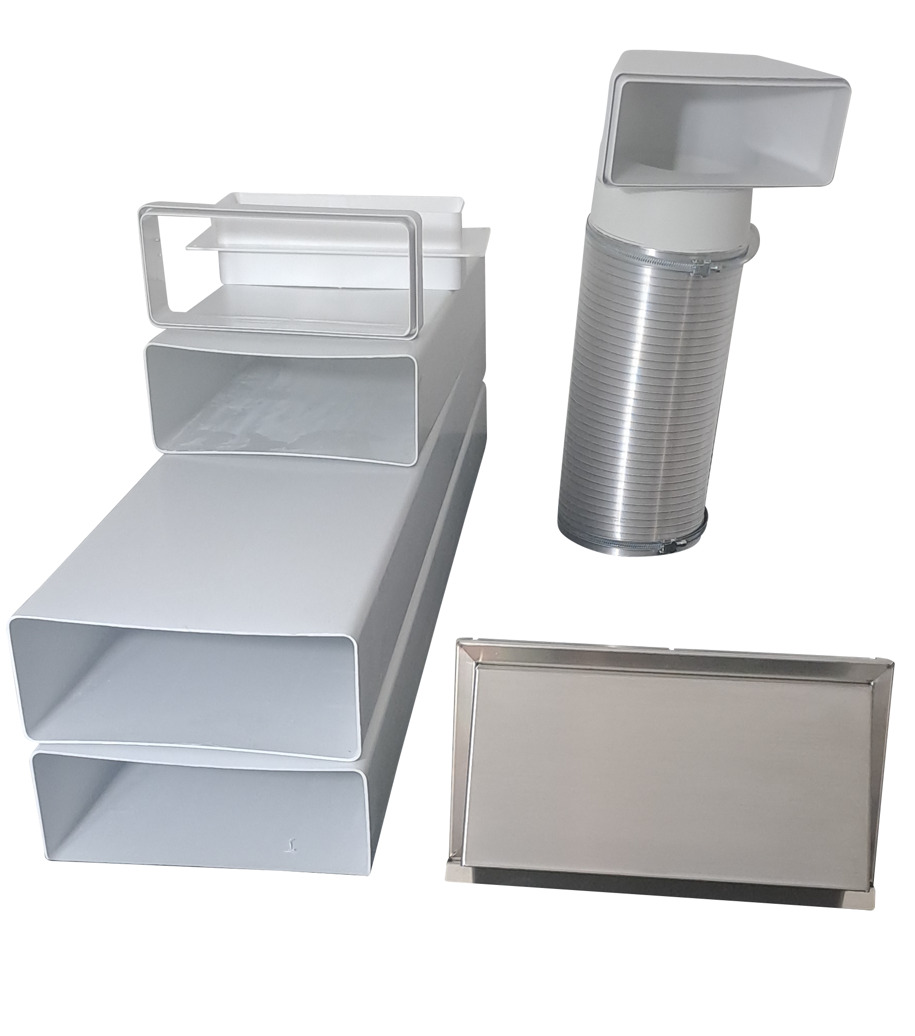 Flachkanal Set 220x90 mit Edelstahl Wetterschutzgitter S6-K-WSGEHi, runter zur Haube mit Aluflex